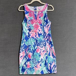 Lilly Pulitzer Dress 2‎ Gabby Shirt Jet Stream Pink Blue Tropical Embroidered